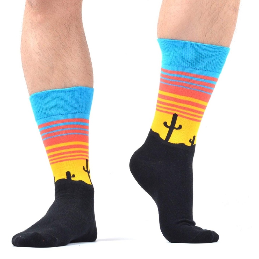Mens Novelty Desert Cactus Cotton Crew Socks Black - Picture 2 of 5